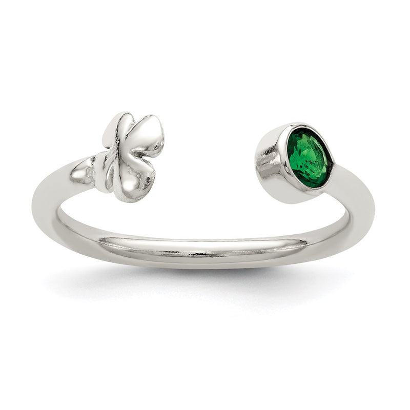 Sterling Silver Green Glass Bead 4 Leaf Clover Adjustable Ring