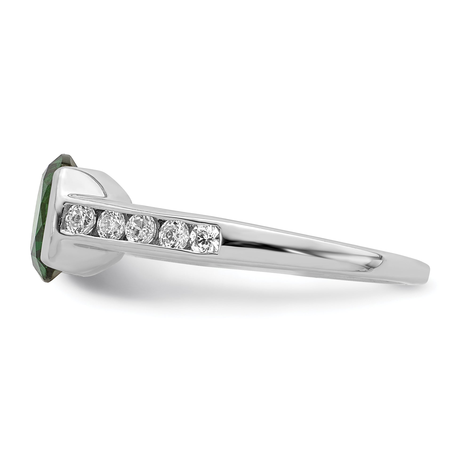 Sterling Silver Rhodium Plated Green & White Bezel Cz Ring