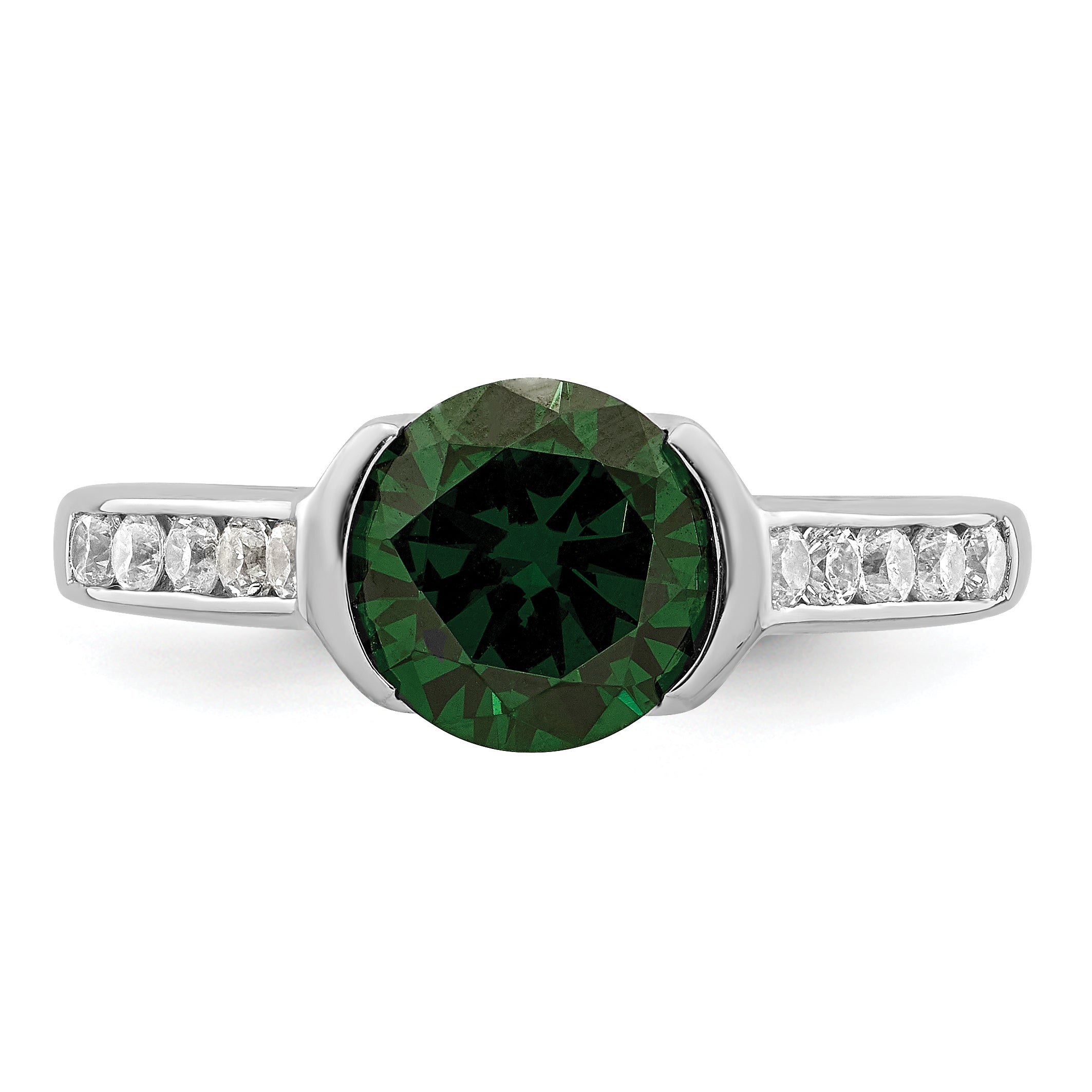 Sterling Silver Rhodium Plated Green & White Bezel Cz Ring