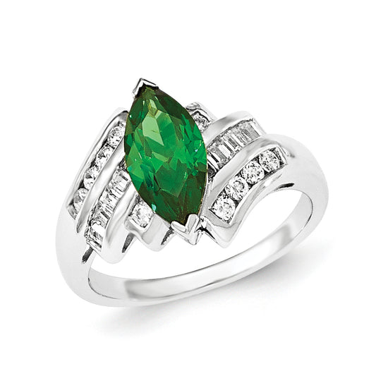 Sterling Silver Green & White Marquise Cz Ring (Size 6 Only)