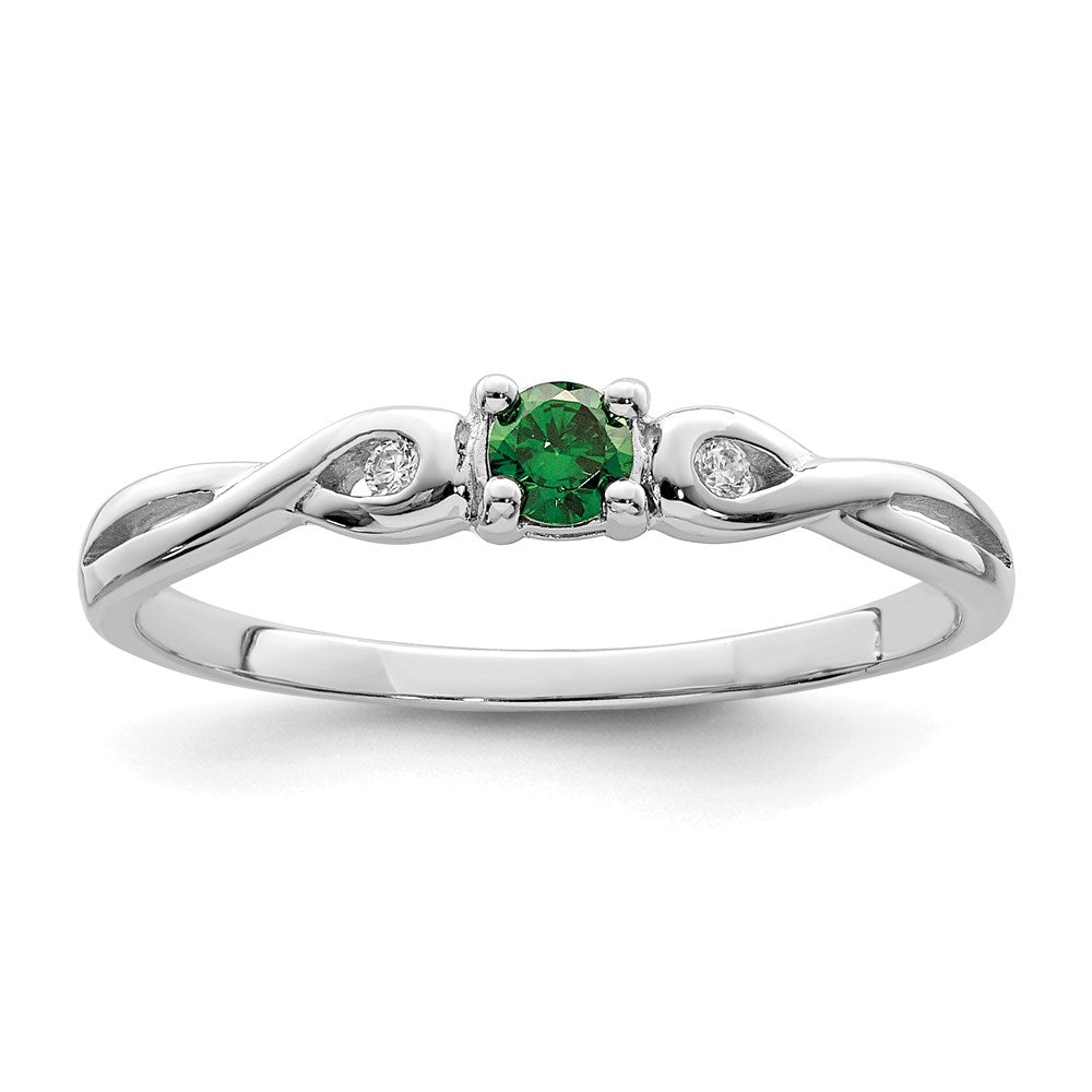 Sterling Silver Rhodium Plated Green & White Cz Ring