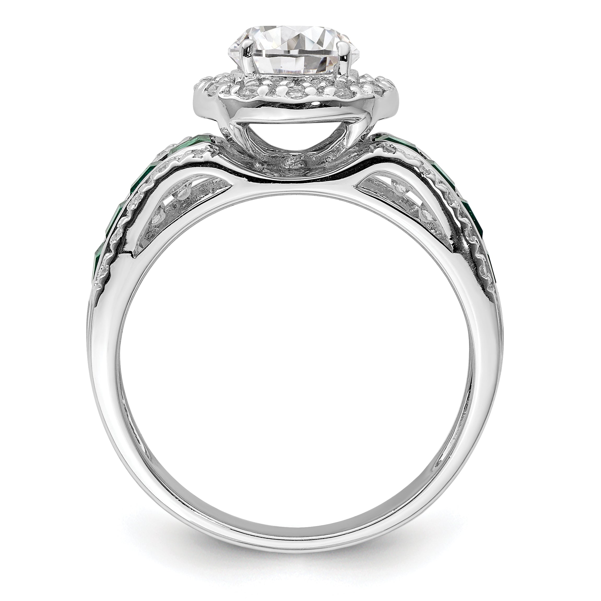Sterling Silver Rhodium Plated Cz And Lab Created Emerald Ring