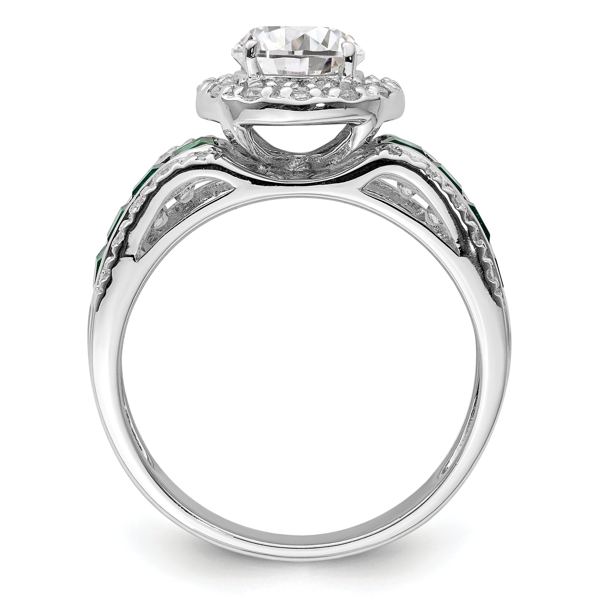 Sterling Silver Rhodium Plated Cz And Lab Created Emerald Ring