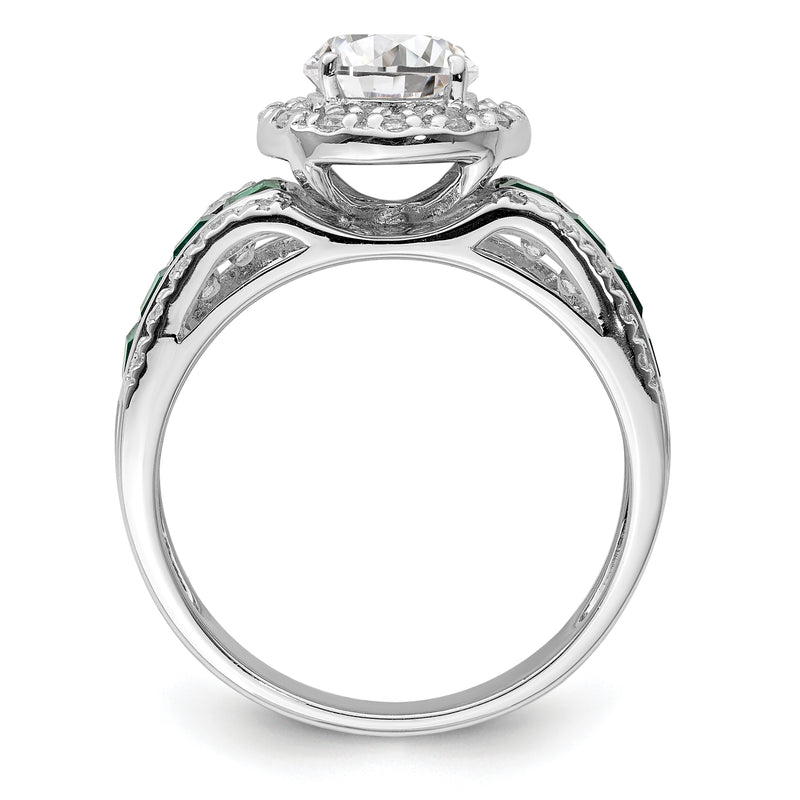 Sterling Silver Rhodium Plated Cz And Lab Created Emerald Ring