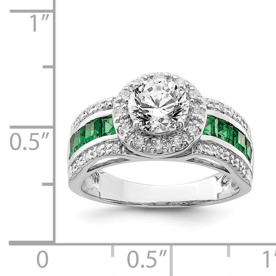 Sterling Silver Rhodium Plated Cz And Lab Created Emerald Ring