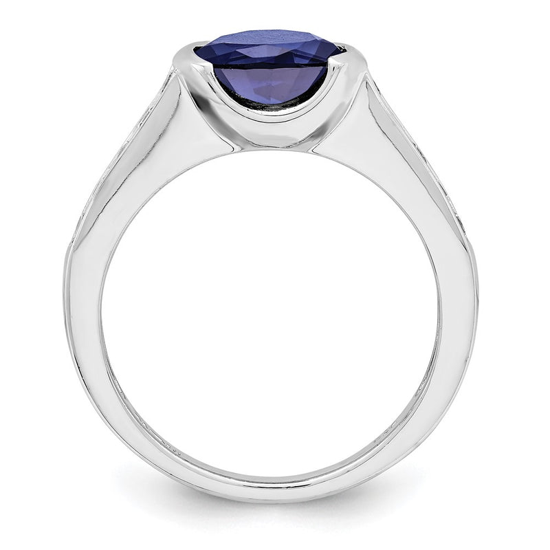 Sterling Silver Rhodium Plated Synthetic Blue Sapphire And Cz Bezel Ring
