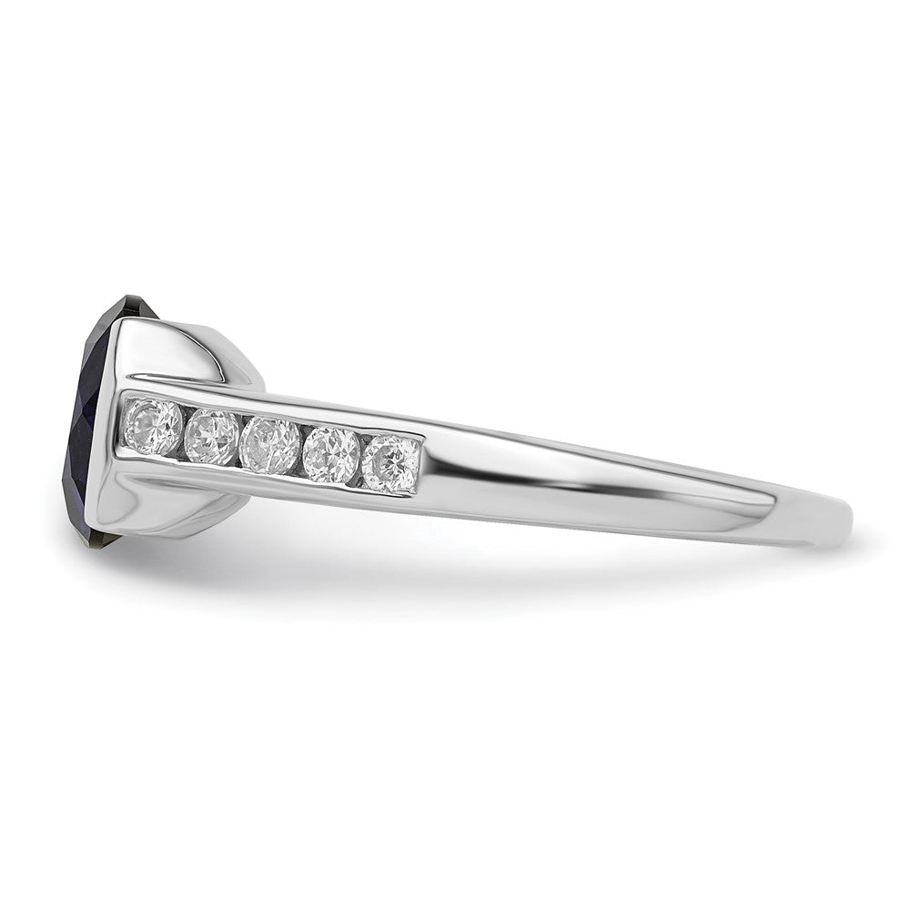 Sterling Silver Rhodium Plated Synthetic Blue Sapphire And Cz Bezel Ring