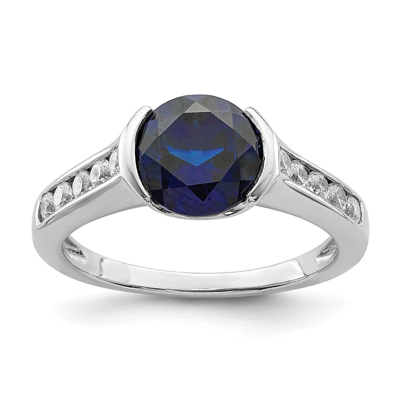 Sterling Silver Rhodium Plated Synthetic Blue Sapphire And Cz Bezel Ring