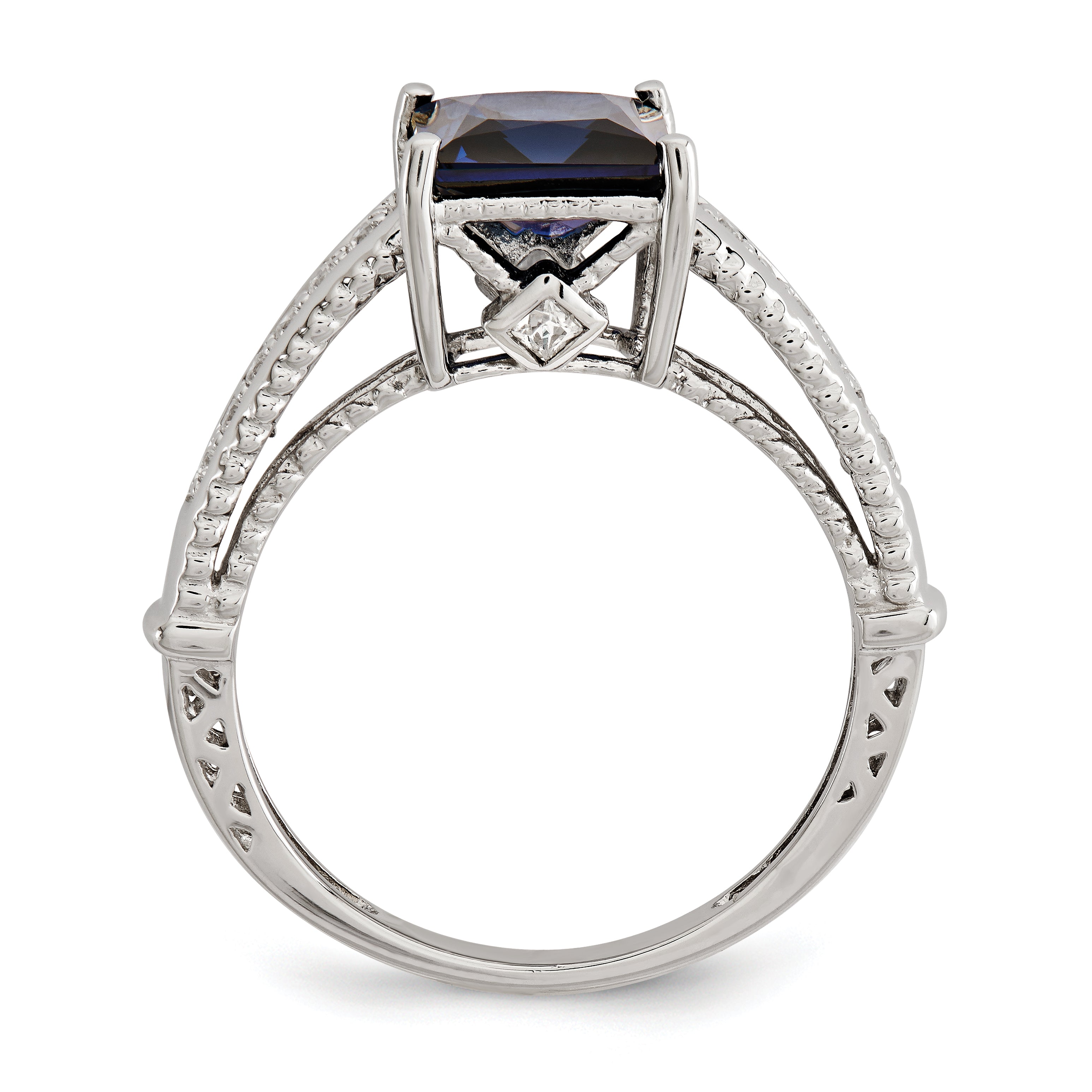 Sterling Silver Rhodium Plated Synthetic Blue Sapphire And Cz Ring