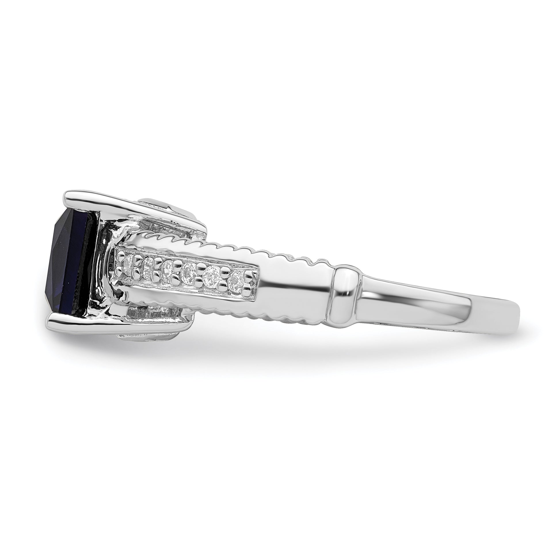 Sterling Silver Rhodium Plated Synthetic Blue Sapphire And Cz Ring