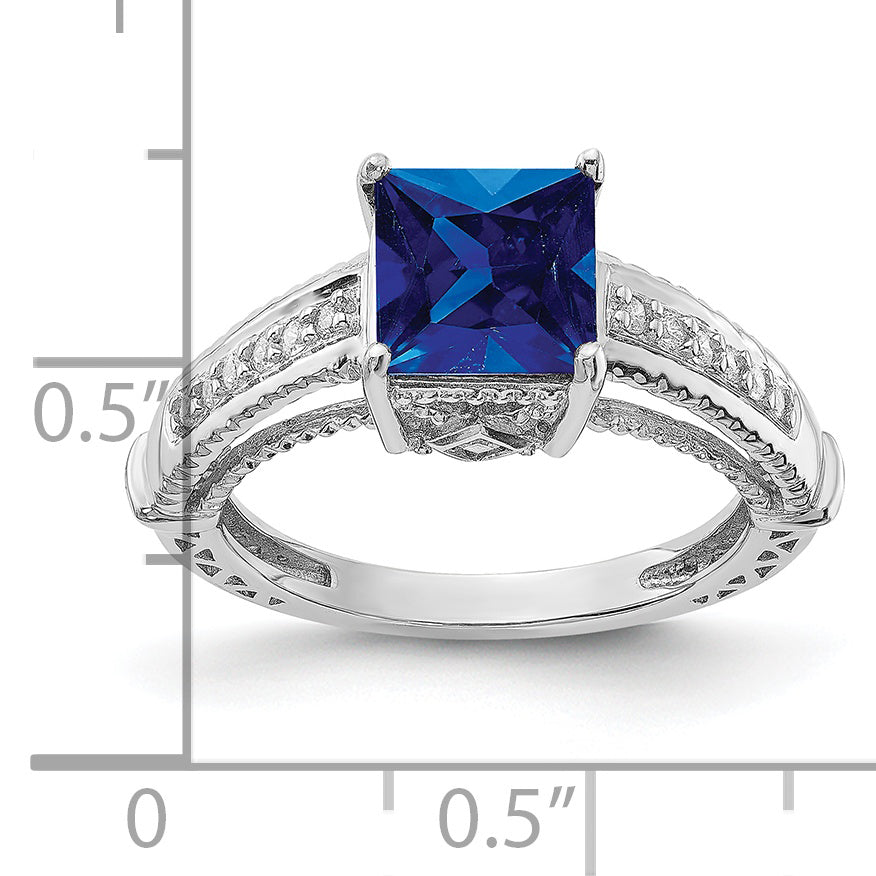 Sterling Silver Rhodium Plated Synthetic Blue Sapphire And Cz Ring