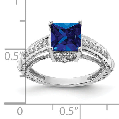 Sterling Silver Rhodium Plated Synthetic Blue Sapphire And Cz Ring