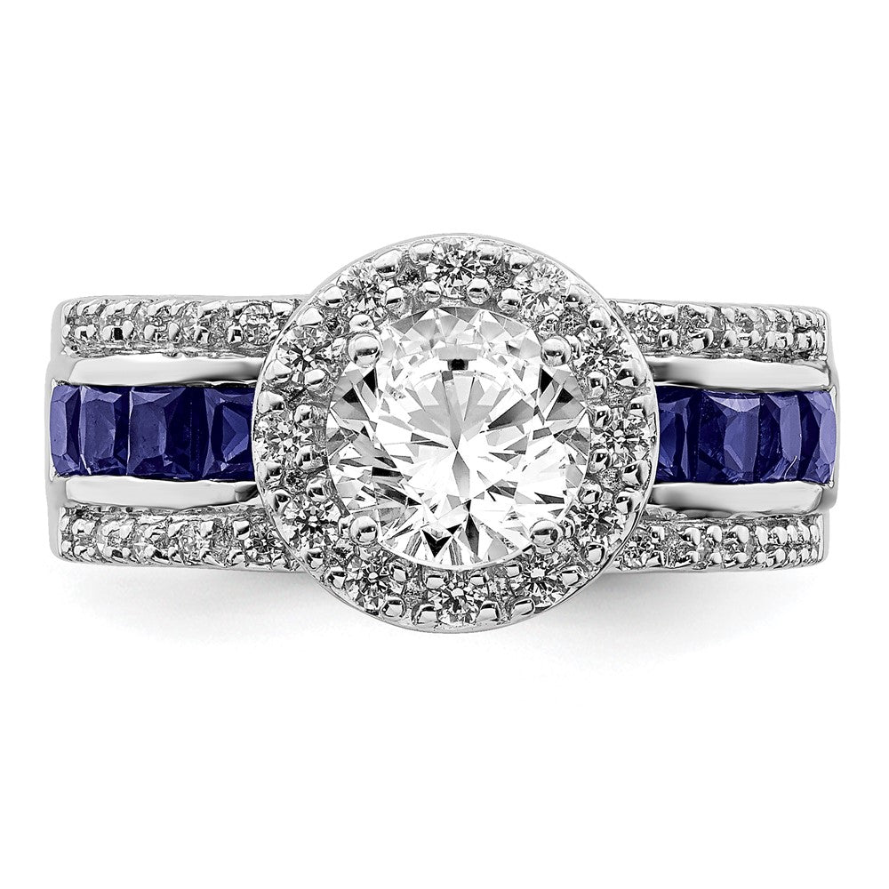Sterling Silver Rhodium Plated Cz And Lab Created Sapphire Ring