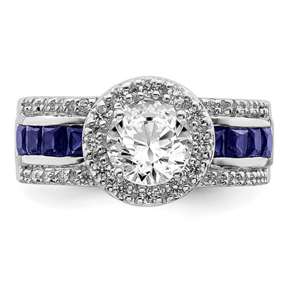 Sterling Silver Rhodium Plated Cz And Lab Created Sapphire Ring