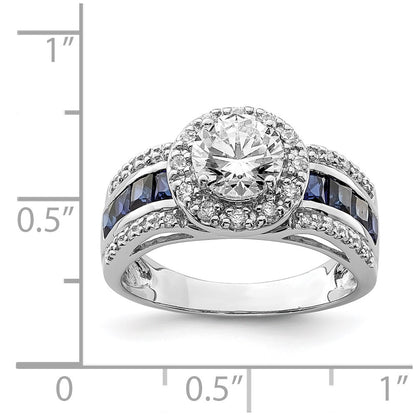 Sterling Silver Rhodium Plated Cz And Lab Created Sapphire Ring