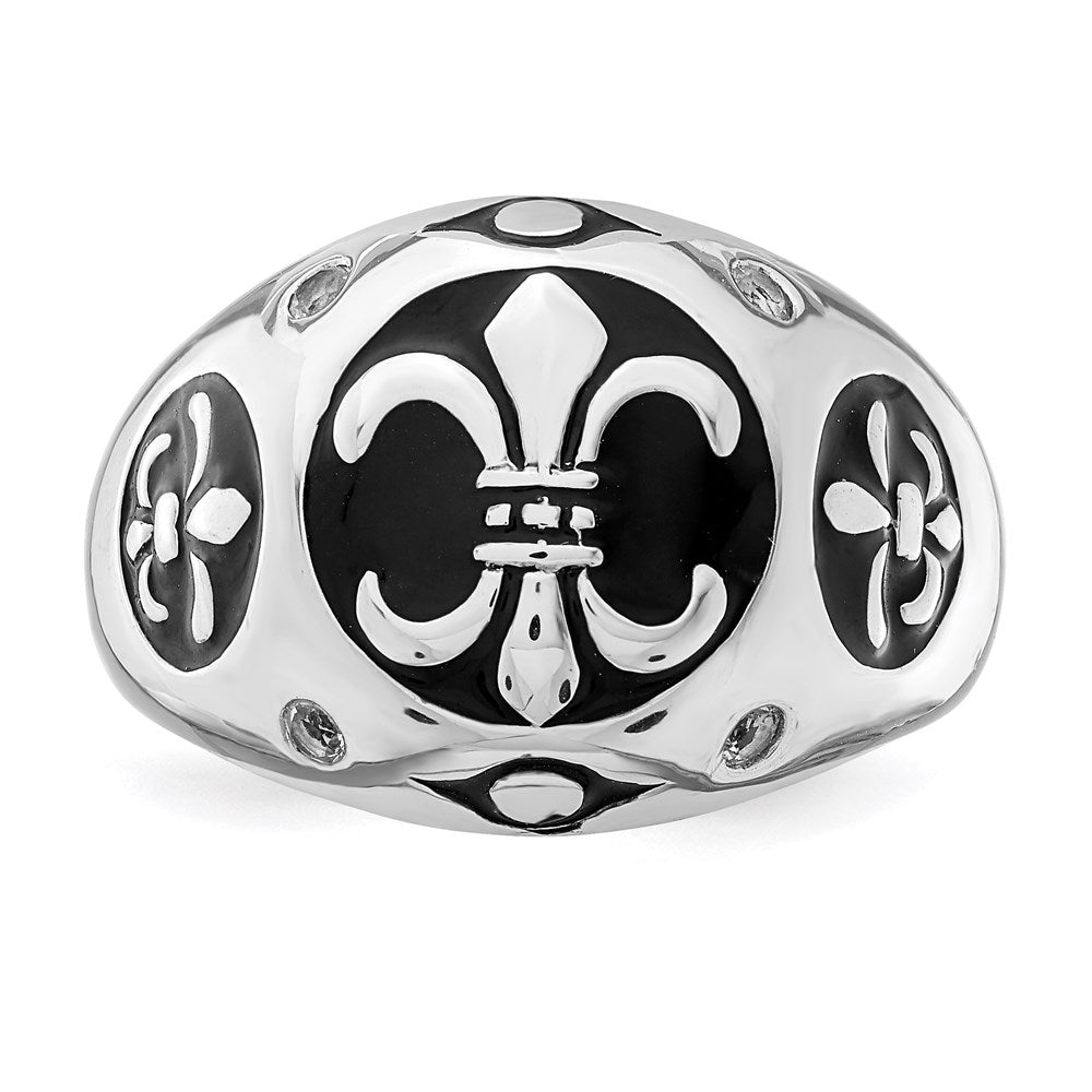 Sterling Silver Rhodium Plated Polished White Topaz Fleur De Lis Ring