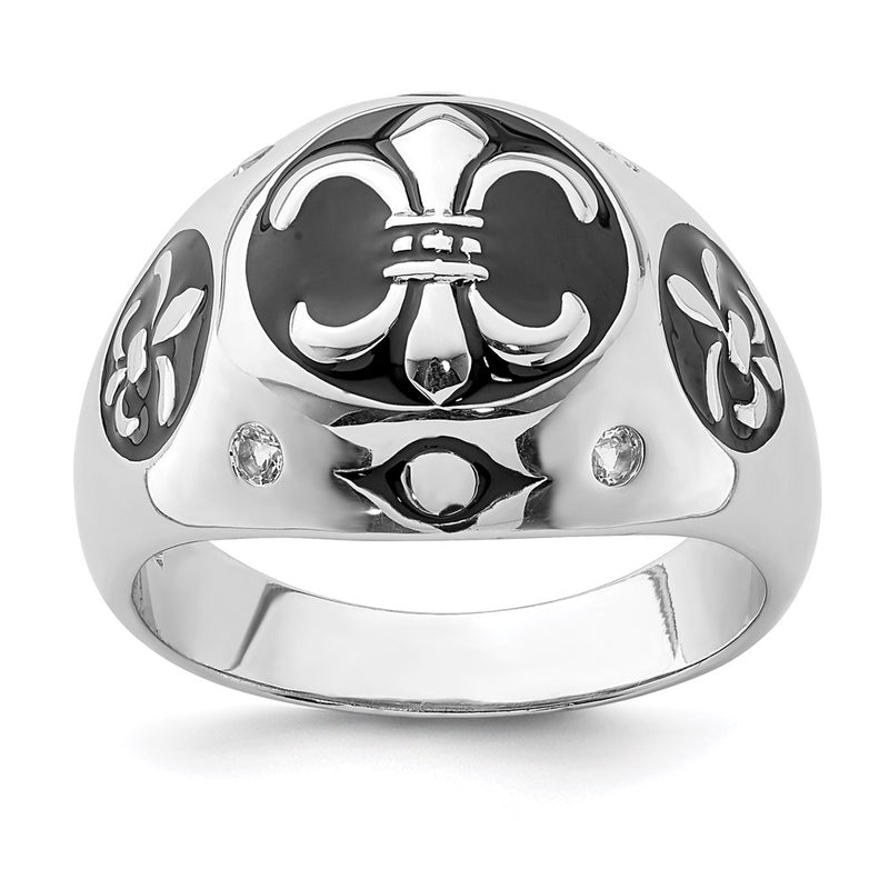 Sterling Silver Rhodium Plated Polished White Topaz Fleur De Lis Ring