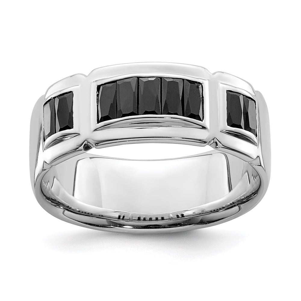 Sterling Silver Rhodium Plated Black Cz Grooved Ring