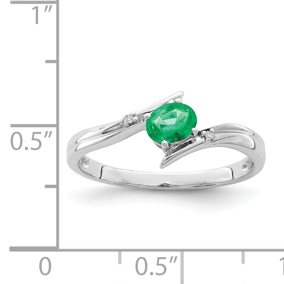 Sterling Silver Rhodium Plated Emerald And Diamond Ring