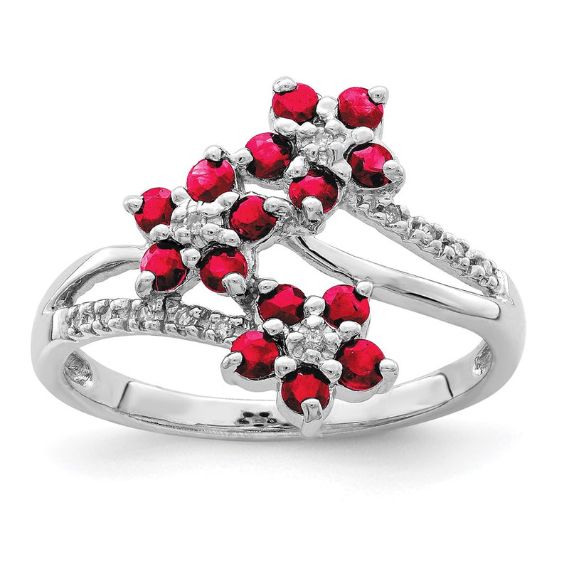 Sterling Silver Rhodium Plated 3 Flower Ruby And Diamond Ring