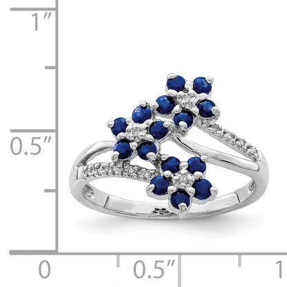 Sterling Silver Rhodium Plated 3 Flower Sapphire And Diamond Ring