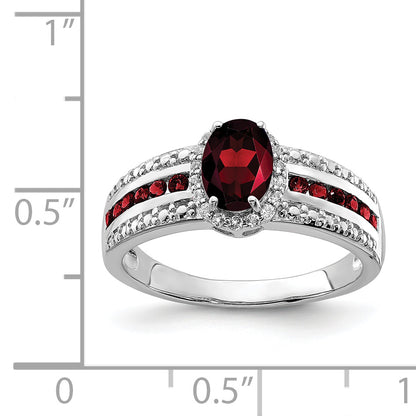 Sterling Silver Rhodium Plated Garnet And White Topaz Ring