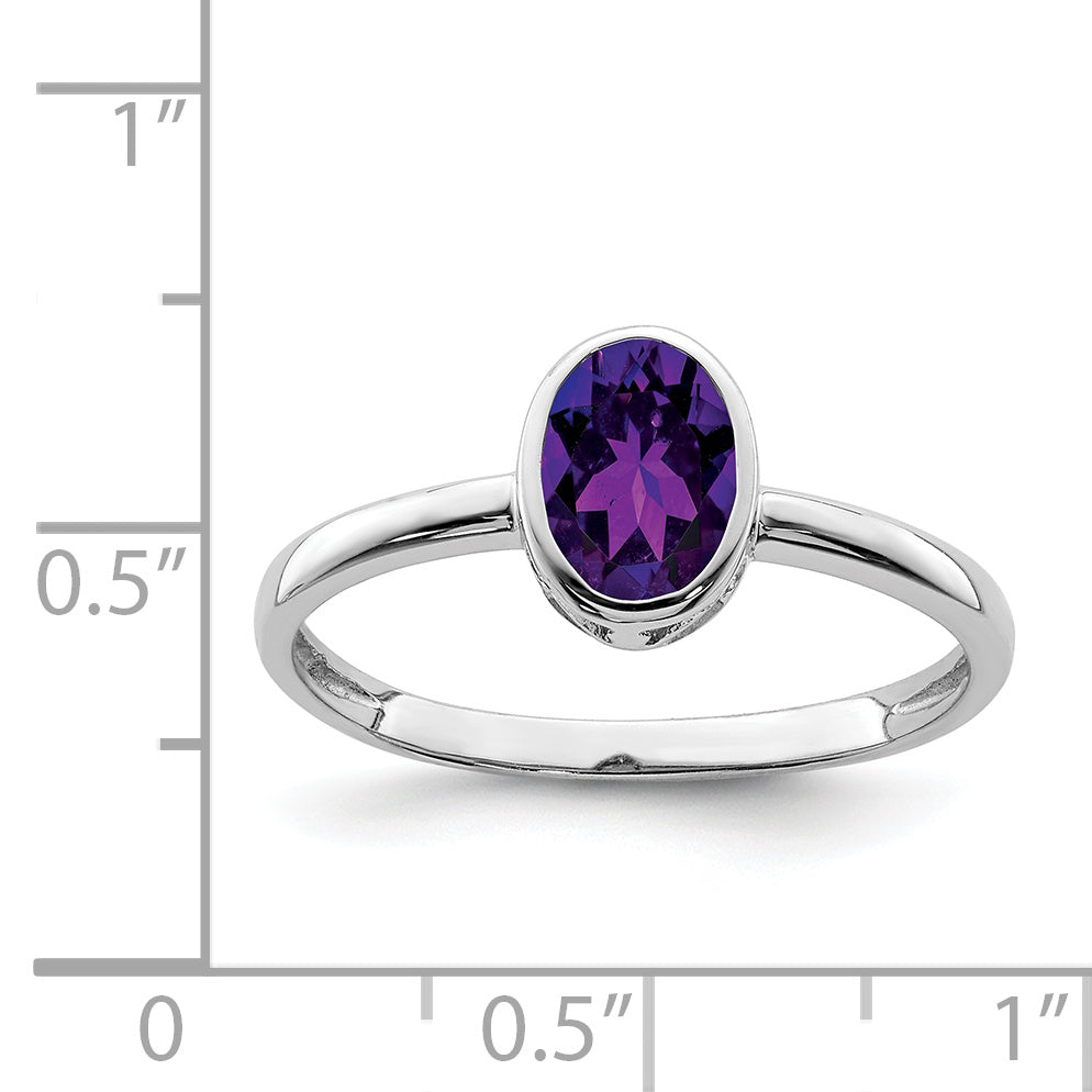 Sterling Silver Rhodium Plated Polished Amethyst Oval Ring