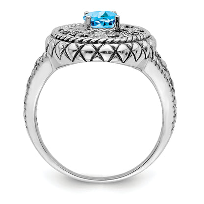 Silver/14K Two Tone Sterling Silver Rhodium 14K Accent Blue Topaz & Cz Oval Fancy Ring (Size 7 Only)