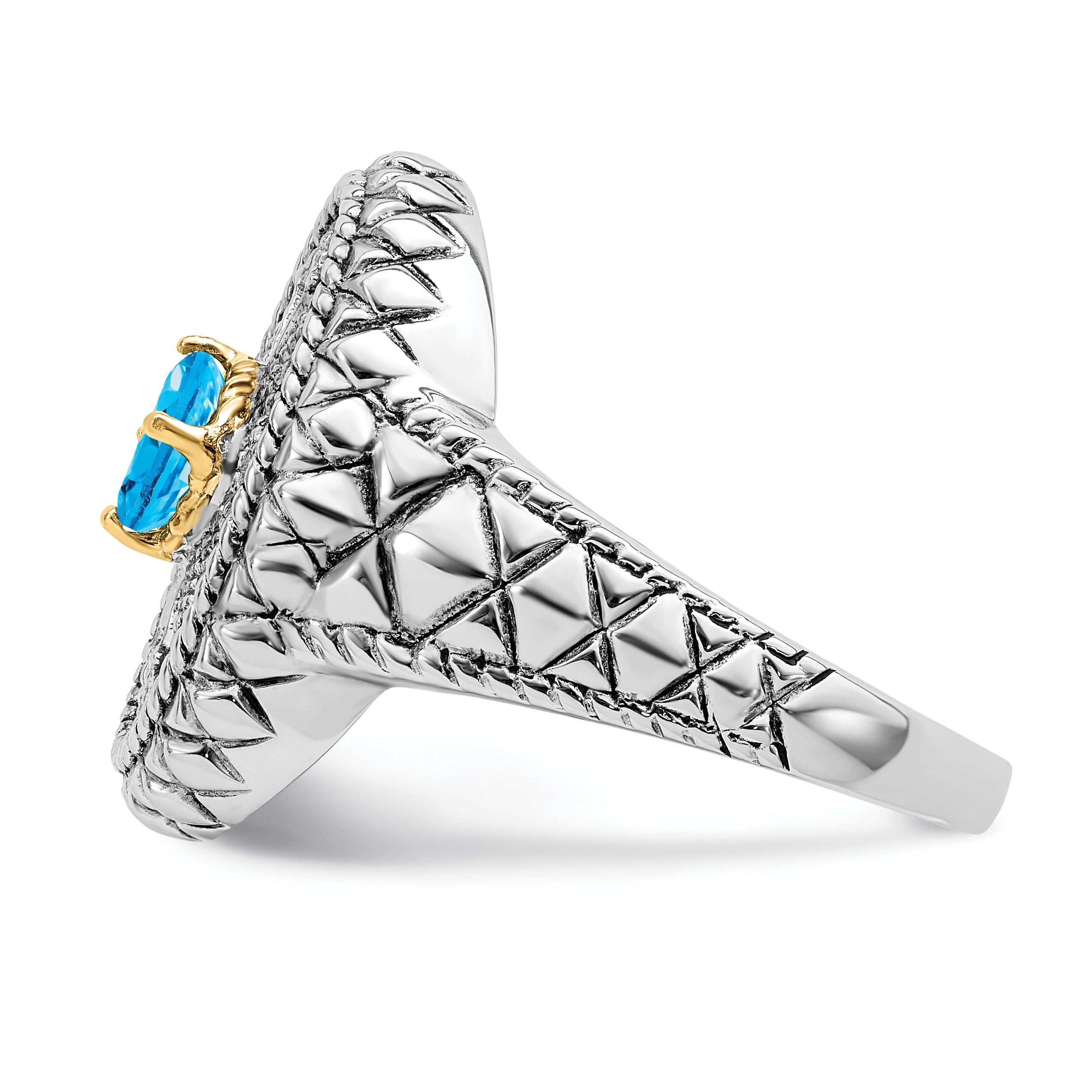 Silver/14K Two Tone Sterling Silver Rhodium 14K Accent Blue Topaz & Cz Oval Fancy Ring (Size 7 Only)