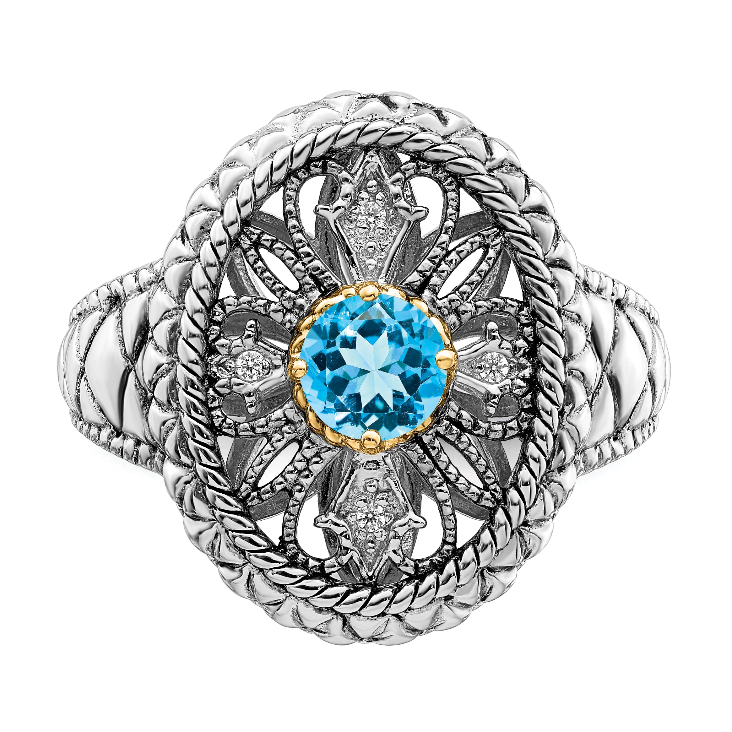 Silver/14K Two Tone Sterling Silver Rhodium 14K Accent Blue Topaz & Cz Oval Fancy Ring (Size 7 Only)