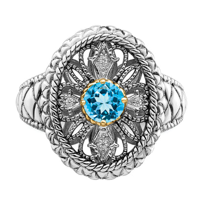 Silver/14K Two Tone Sterling Silver Rhodium 14K Accent Blue Topaz & Cz Oval Fancy Ring (Size 7 Only)