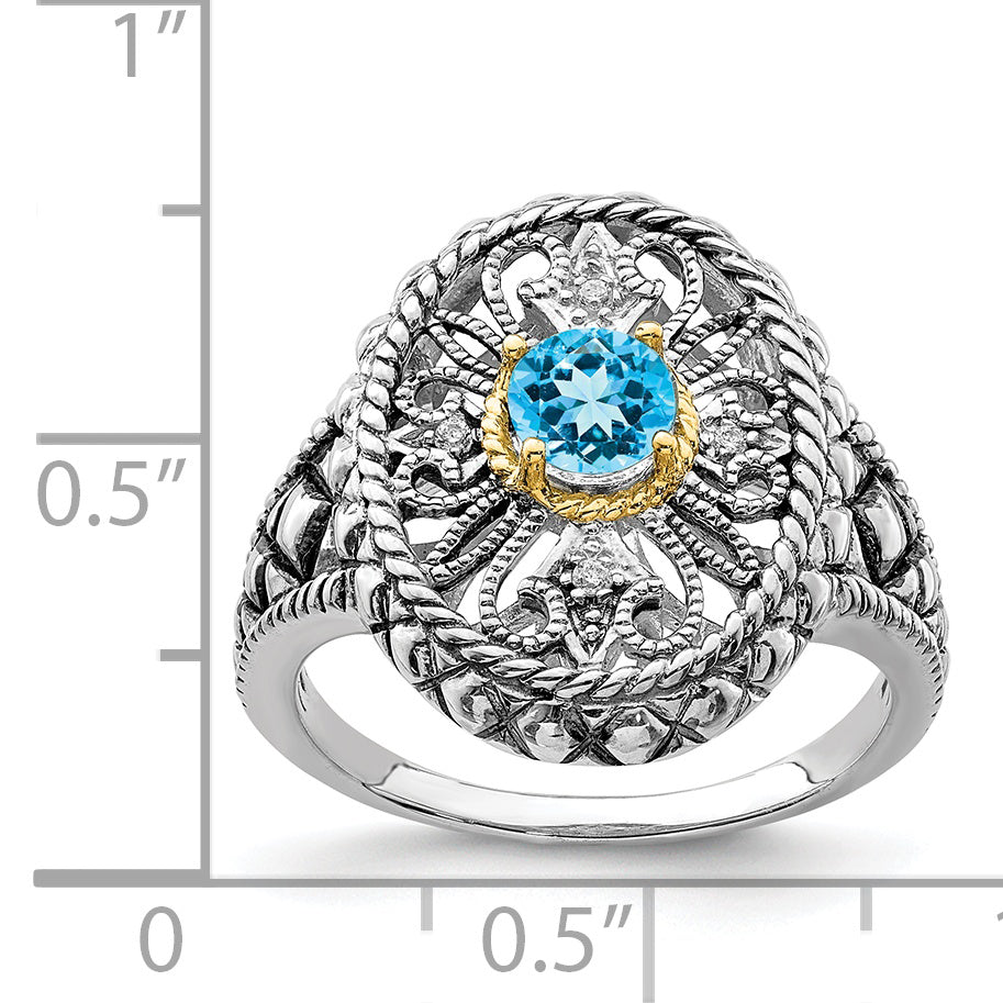 Silver/14K Two Tone Sterling Silver Rhodium 14K Accent Blue Topaz & Cz Oval Fancy Ring (Size 7 Only)