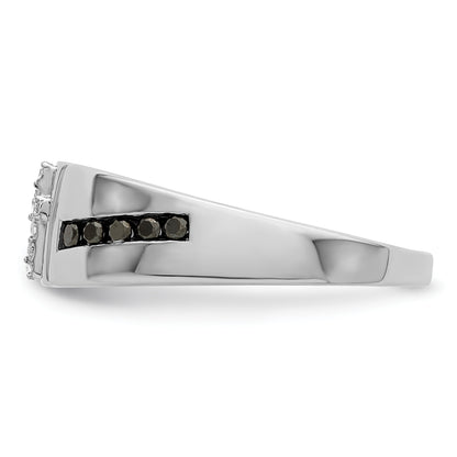 Sterling Silver Rhodium Plated Black And White Diamond Cross Men'S Ring