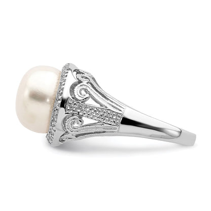 Sterling Silver Rhodium Plated 10 11mm White Button Freshwater Cultured Pearl And Cz Ring