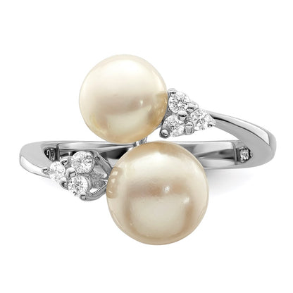 Sterling Silver Rhodium Plated 8 9mm White Button Freshwater Cultured Pearl And Cz Ring
