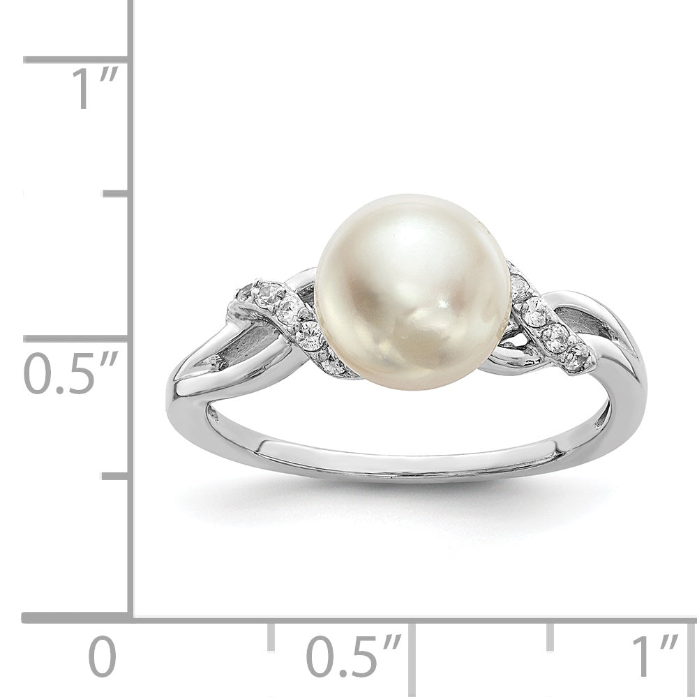 Sterling Silver Rhodium Plated 8 9mm White Button Freshwater Cultured Pearl And Cz Ring