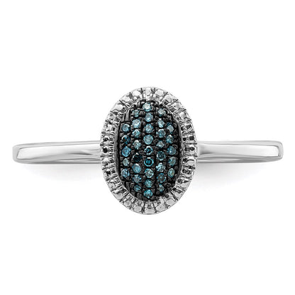 Sterling Silver White Night Rhodium Plated Blue Diamond Oval Ring