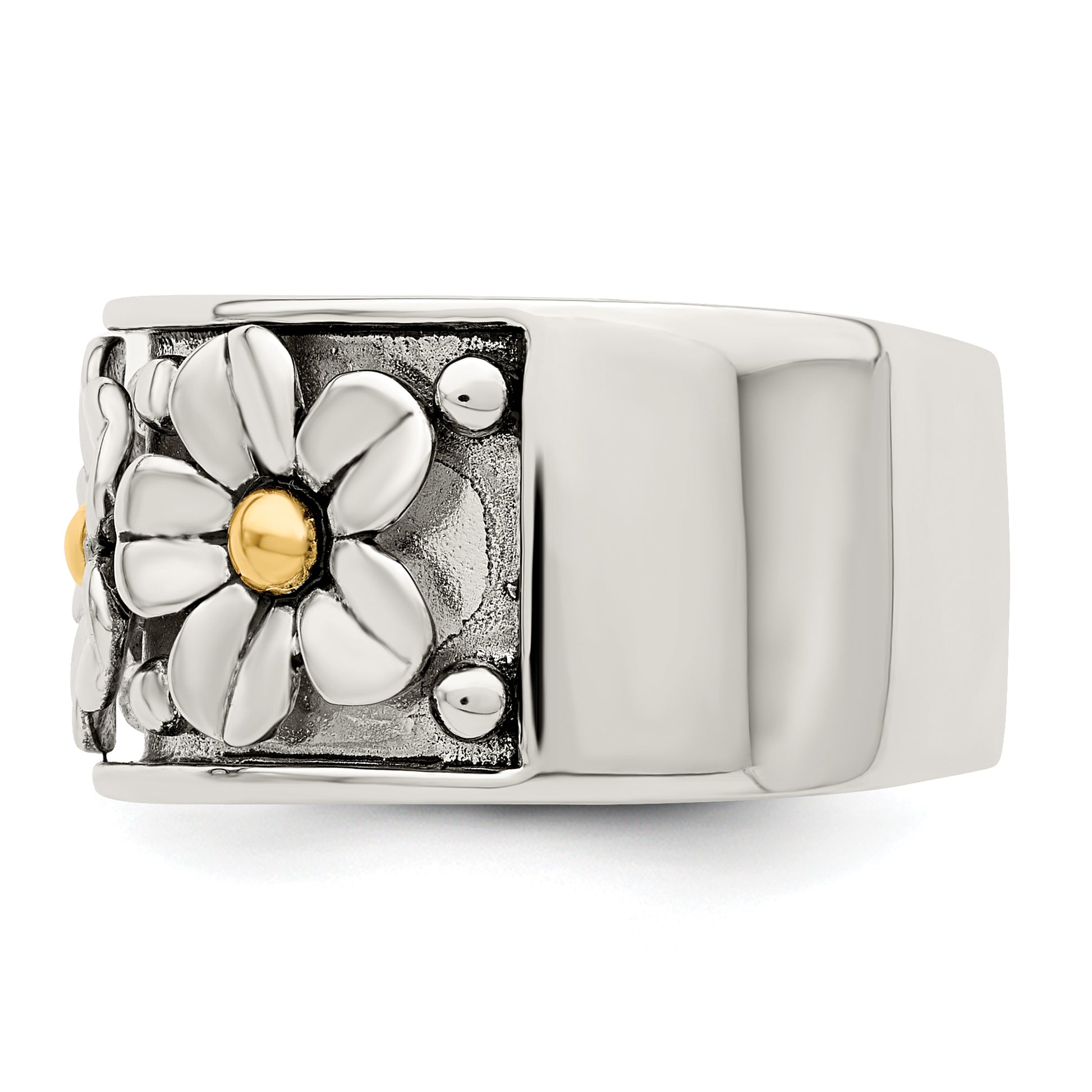 Silver/14K Two Tone Sterling Silver Antiqued W/ 14K Gold Centers Daisy Ring