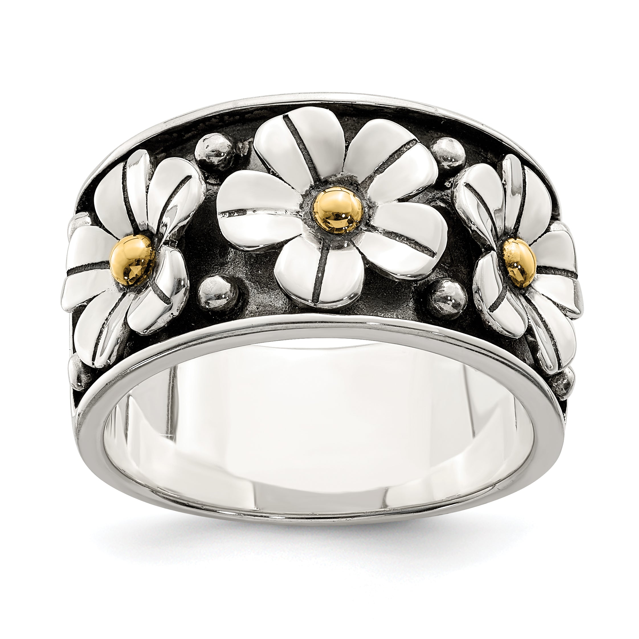 Silver/14K Two Tone Sterling Silver Antiqued W/ 14K Gold Centers Daisy Ring