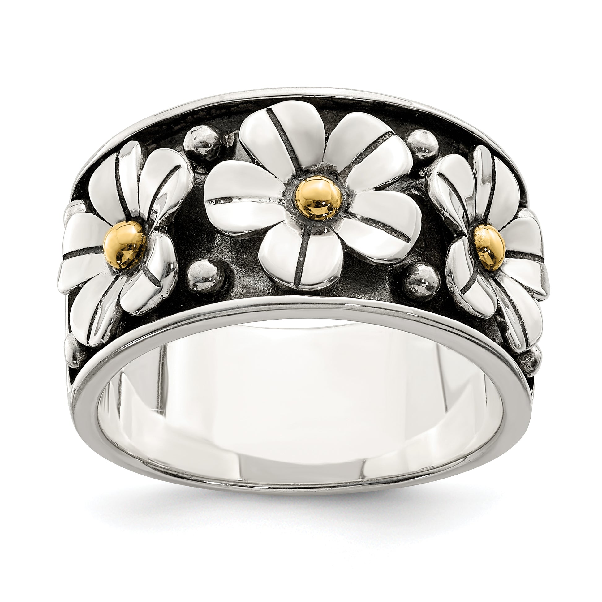 Silver/14K Two Tone Sterling Silver Antiqued W/ 14K Gold Centers Daisy Ring