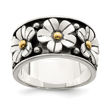 Silver/14K Two Tone Sterling Silver Antiqued W/ 14K Gold Centers Daisy Ring