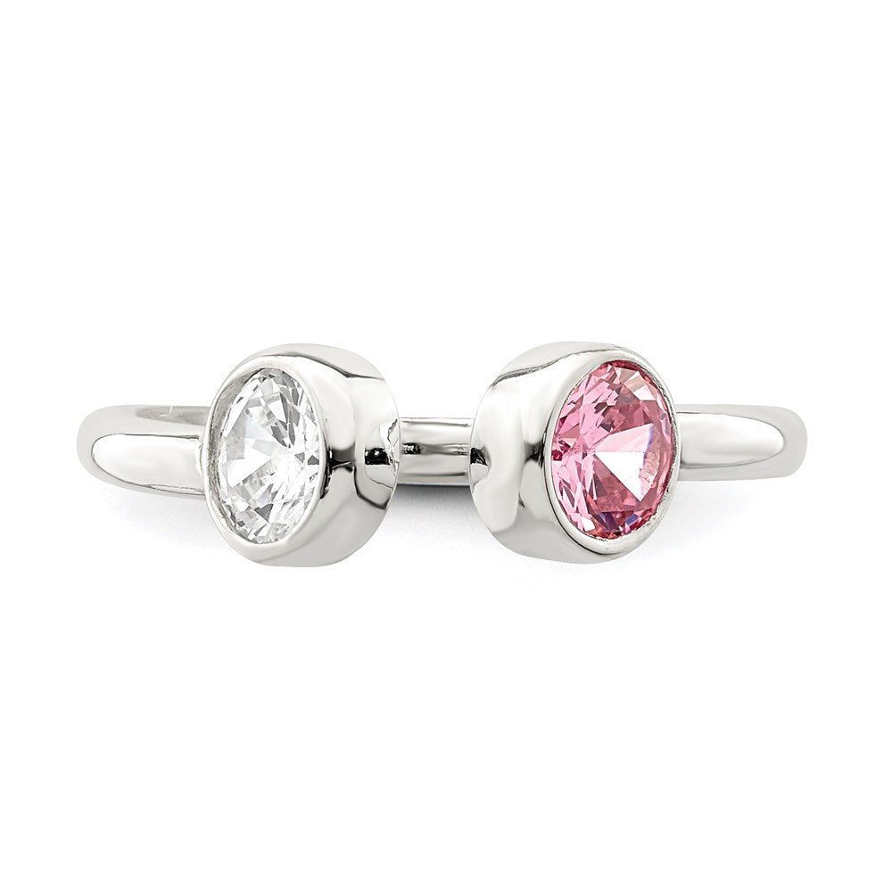 Sterling Silver Polished Pink And White Cz Adjustable Ring