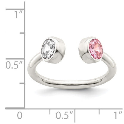 Sterling Silver Polished Pink And White Cz Adjustable Ring