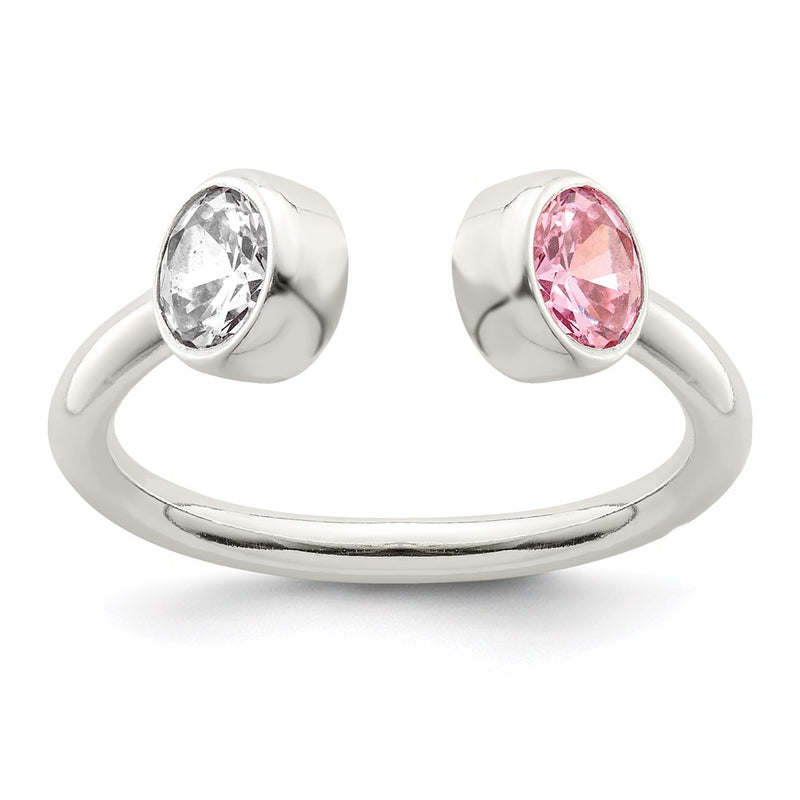 Sterling Silver Polished Pink And White Cz Adjustable Ring