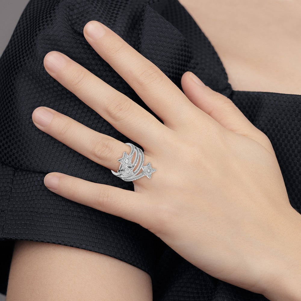 Sterling Silver Rhodium Plated Cz Star Ring