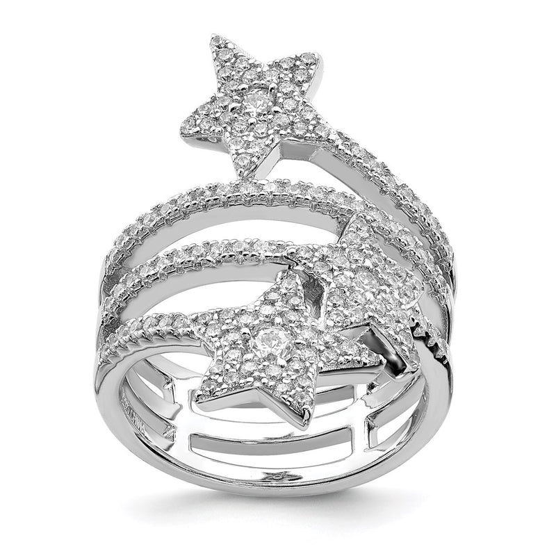 Sterling Silver Rhodium Plated Cz Star Ring