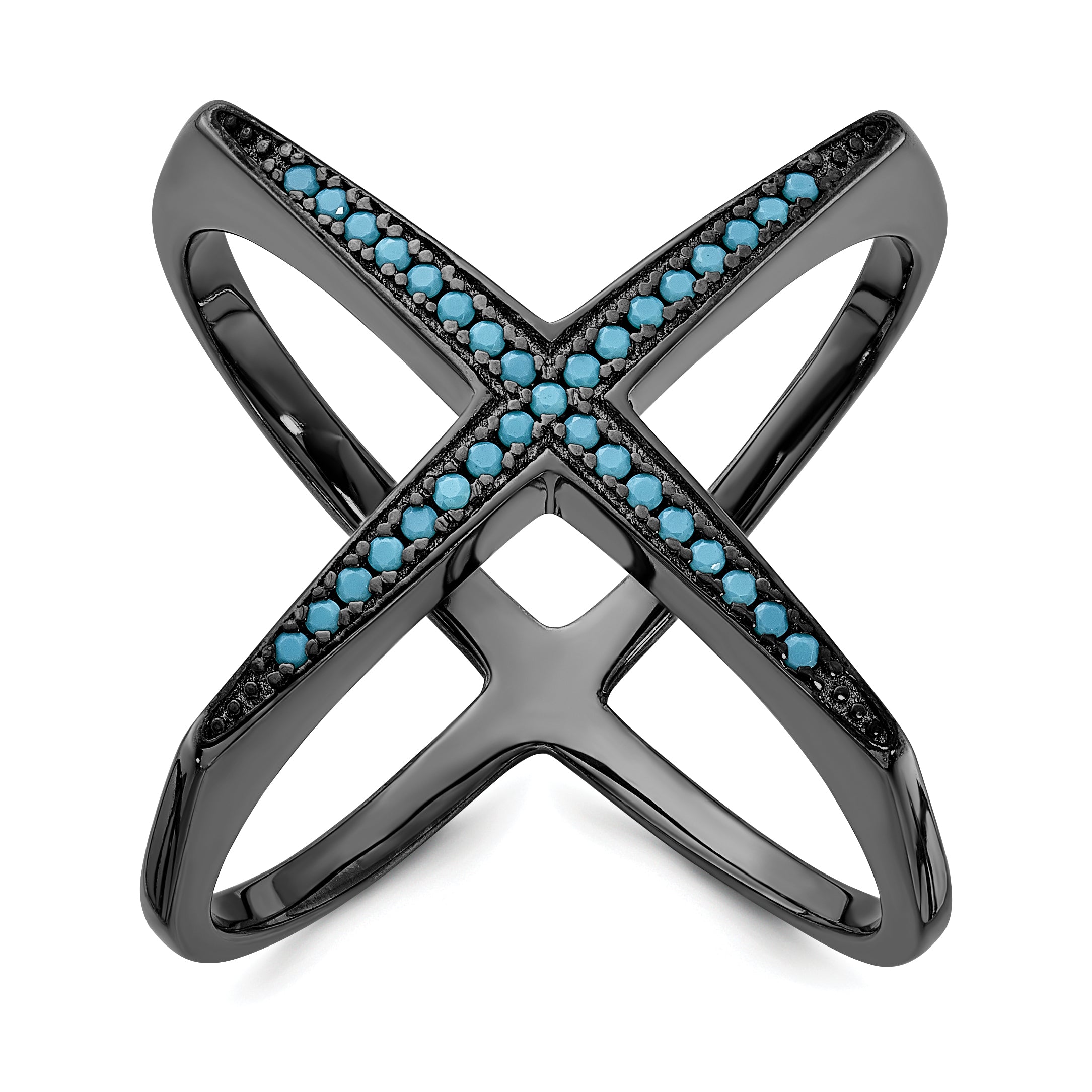 Sterling Silver Black Rhodium & Dyed White Howlite Criss Cross Ring (Size 6 Only)