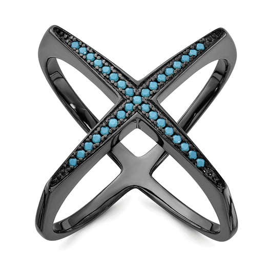 Sterling Silver Black Rhodium & Dyed White Howlite Criss Cross Ring (Size 6 Only)
