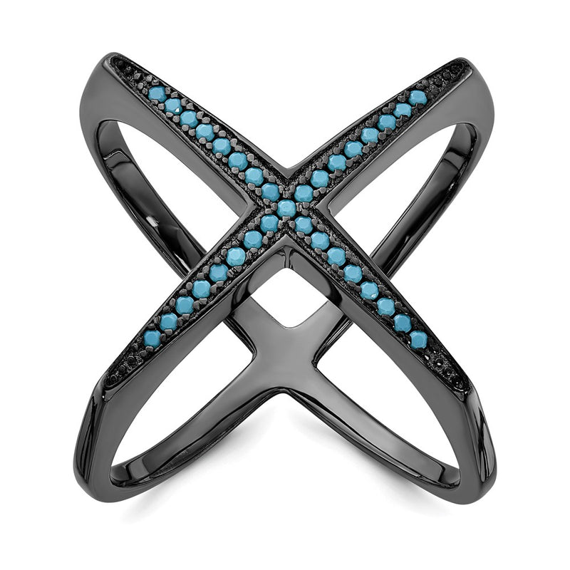 Sterling Silver Black Rhodium & Dyed White Howlite Criss Cross Ring (Size 6 Only)