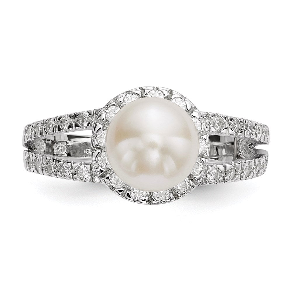 Sterling Silver Rhodium Plated 7 8mm White Button Freshwater Cultured Pearl And Cz Ring